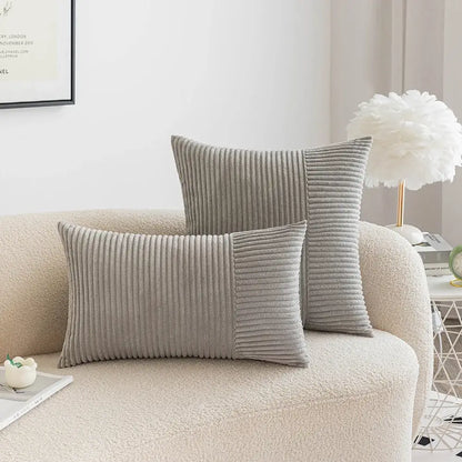 Gray corduroy throw pillow cover with subtle vertical ribs in a decorbites corduroy striped patchwork living room set