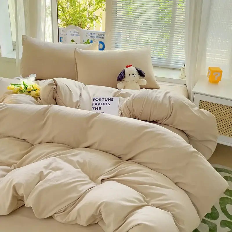 Beige plush quilted cotton bedding set with duvet cover featuring soft fabric and cozy slightly rumpled texture