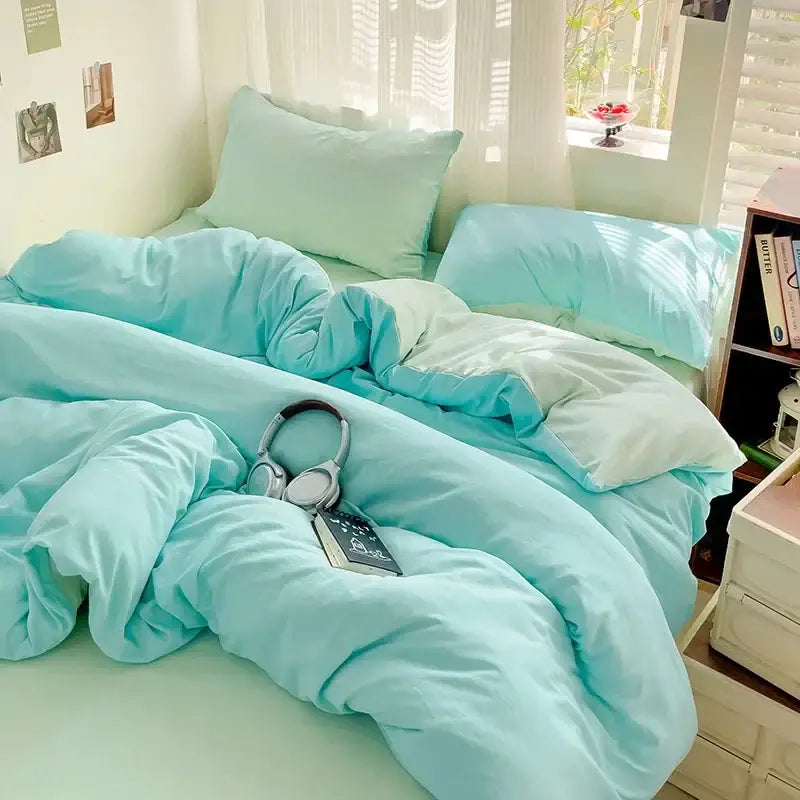 Cozy mint green cotton bedding set with soft plush fabric and matching pillows featuring a duvet cover by decorbites