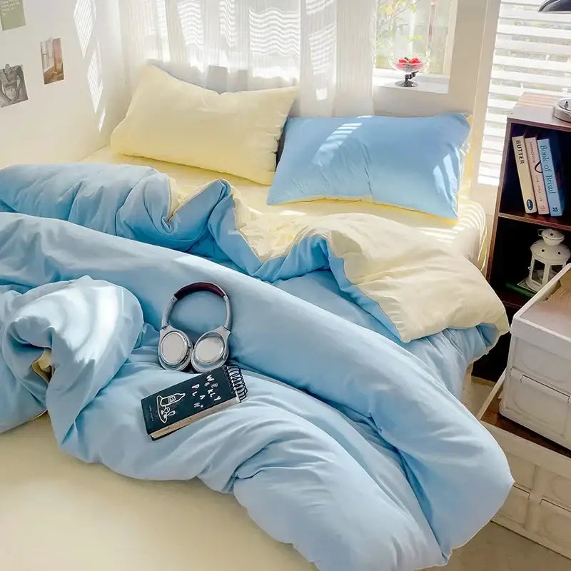 Decorbites™ cotton bedding set featuring a cozy two-toned pastel blue and pale yellow duvet cover