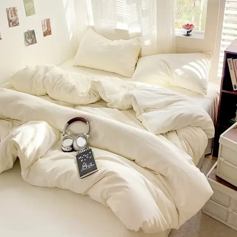 Cream-colored plush quilted duvet cover from decorbites cotton bedding set with soft breathable cotton fabric