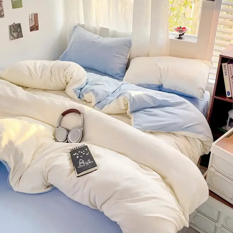Cream and light blue two-tone cotton bedding set with soft plush fabric featuring a duvet cover by DecorBites