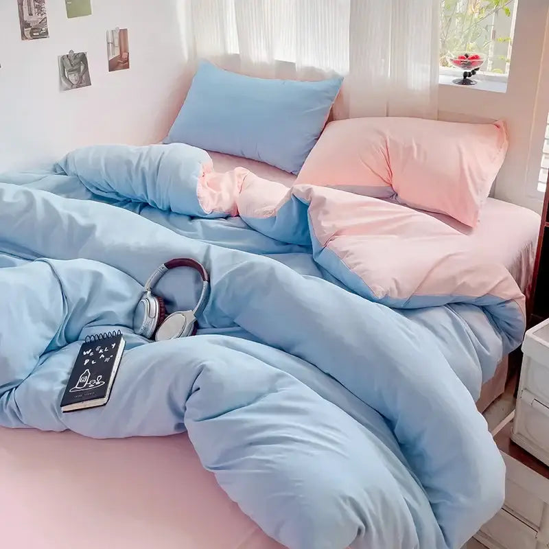 Pastel blue and pink two-tone quilted duvet cover in soft cotton fabric from decorbites cotton bedding set