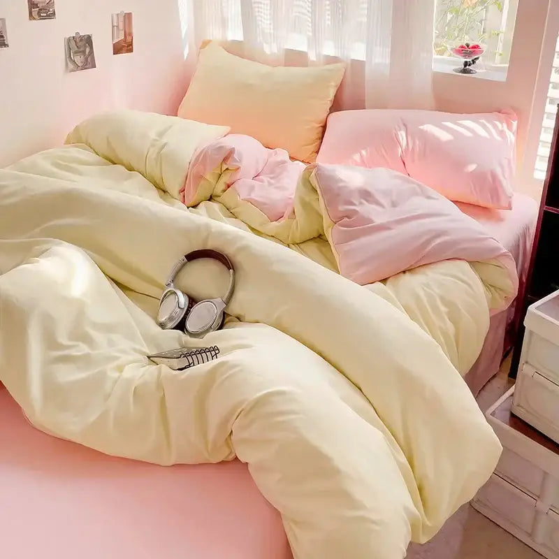 Pastel yellow and pink cotton bedding set with soft plush fabric featuring a decorbites duvet cover and sheet