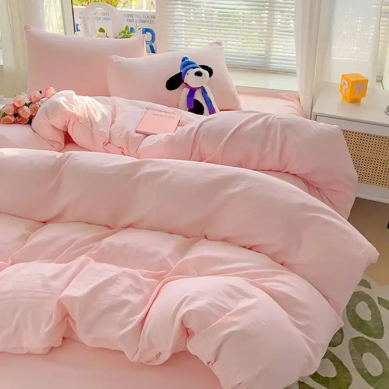 DecorBites™ cotton bedding set with pink quilted duvet cover and matching plush pillows in soft fabric