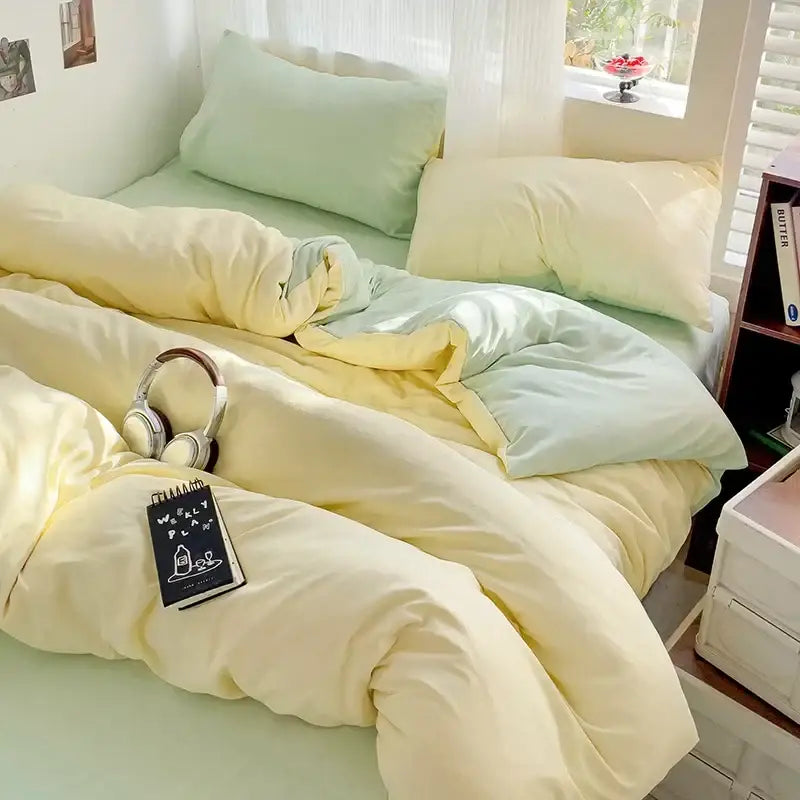 Soft pastel yellow and mint green cotton bedding set with duvet cover featuring a cozy layered look by DecorBites