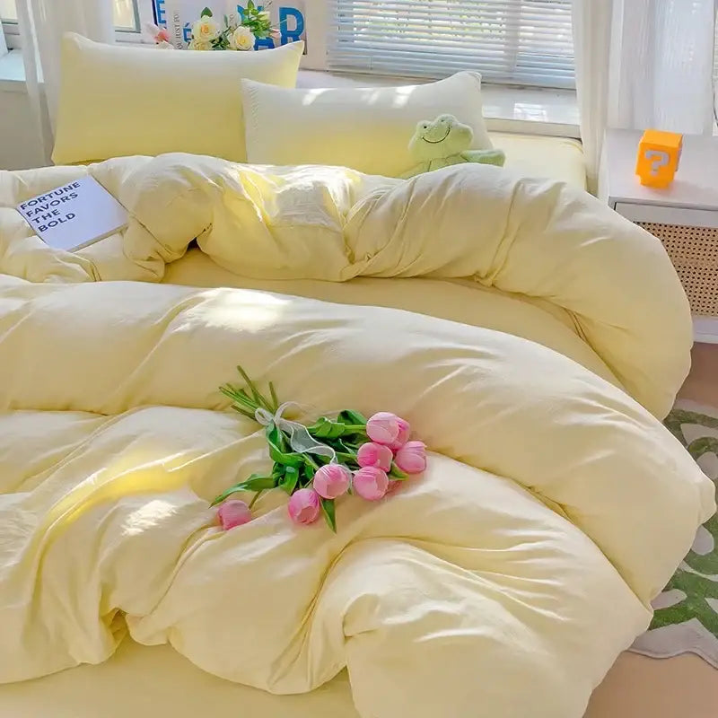 Soft yellow cotton duvet cover with plush quilted texture from decorbites cotton bedding set with sheet