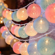 Pastel-colored DecorBites™ cotton garland led string lights with crackled textured spherical cotton garland bulbs
