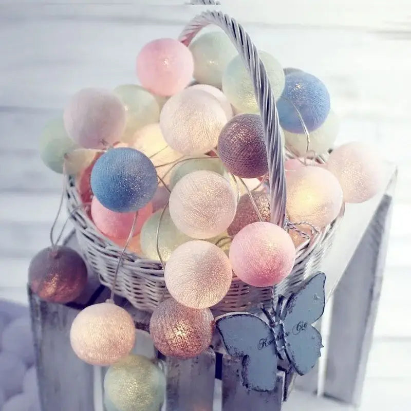 Decorbites™ cotton garland led string lights with pastel pink blue and beige cotton fabric spheres for home decor