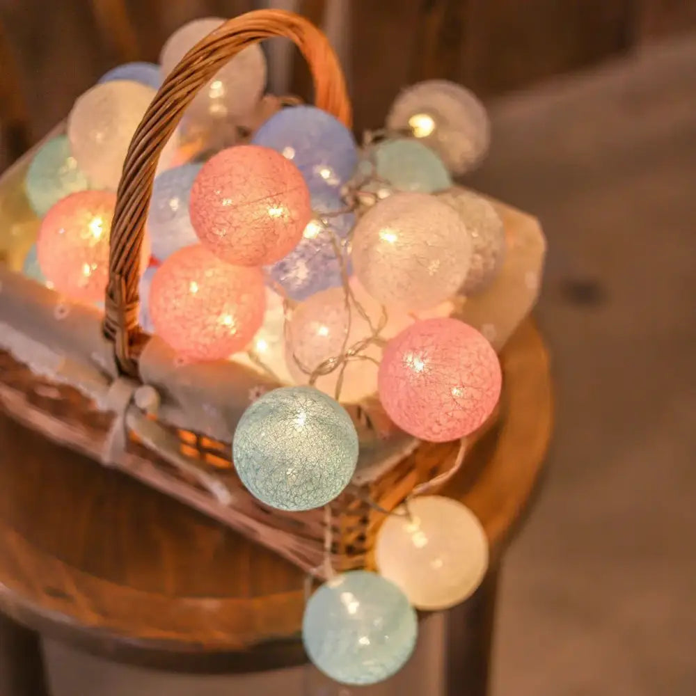 DecorBites™ cotton garland led string lights with pastel spherical cotton garland and delicate crackled texture glow