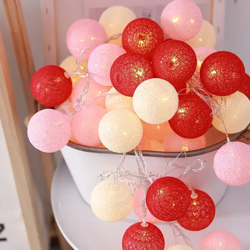 Decorbites™ cotton garland led string lights with spherical red pink and cream cotton garland glowing lanterns