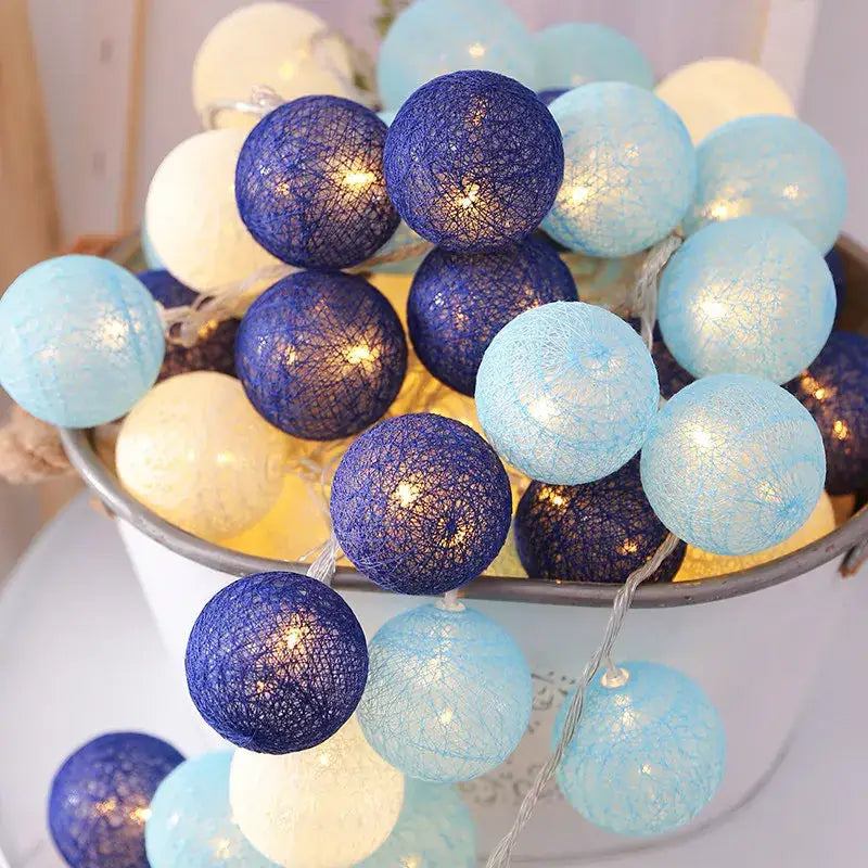 Decorbites cotton garland led string lights with spherical woven fabric lanterns in blue and white for home decor