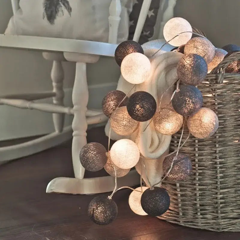 Decorbites™ cotton garland led string lights with warm gold and deep black spherical cotton garland lanterns