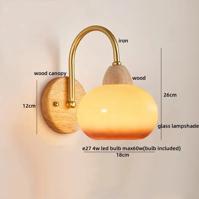 Warm-toned glass lampshade cotton led wall lamp with brass iron arm and wooden canopy by decorbites for bedroom use