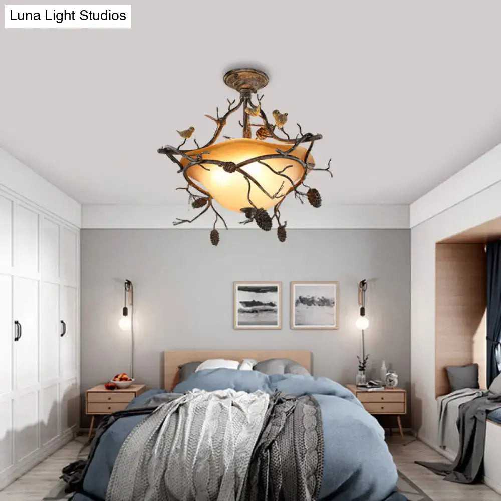 Antique bronze-finished decorbites™ country bronze 3-light bowl semi flush ceiling light with branch bird design and amber glass shade