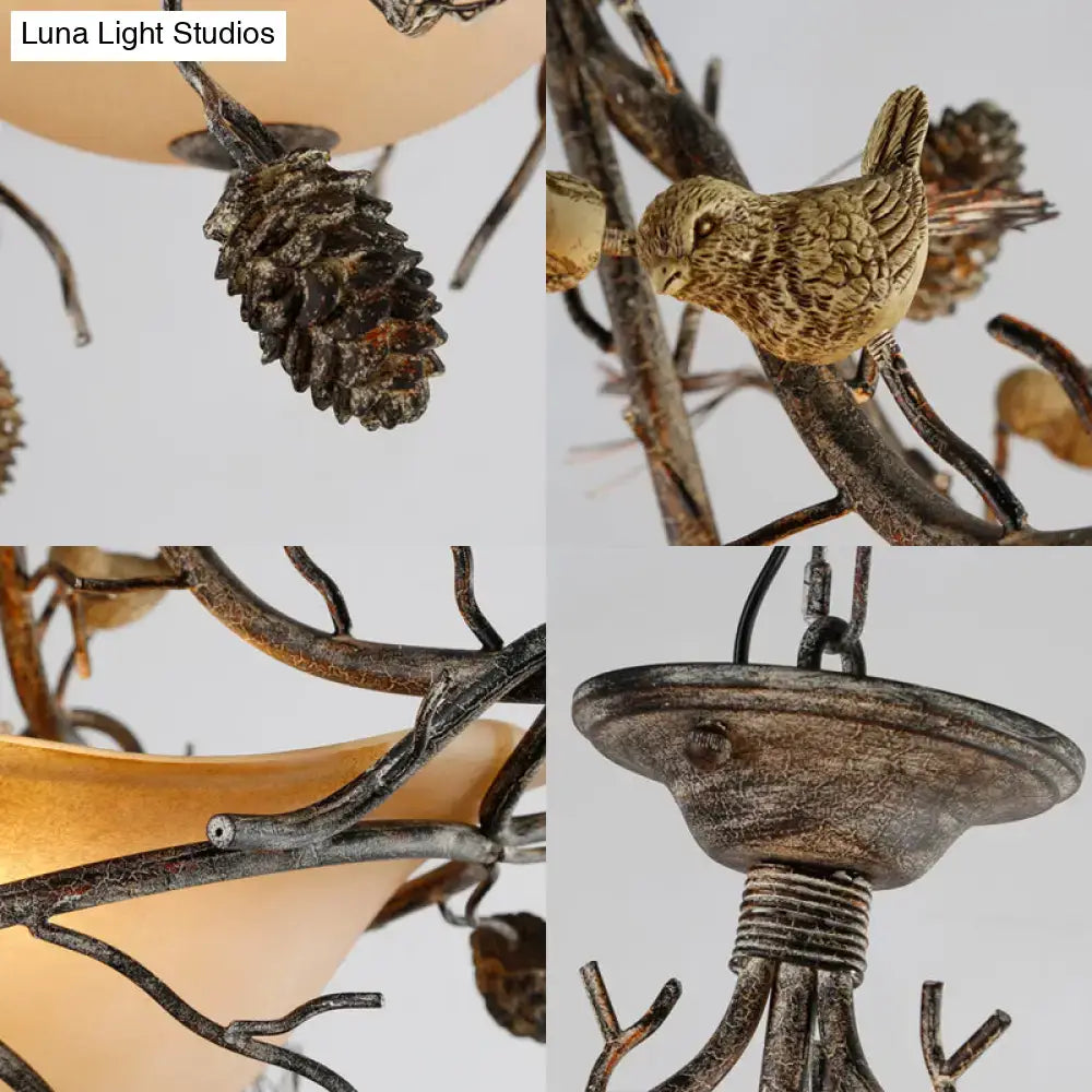 Rustic bronze metal semi flush chandelier with detailed branches pinecones and bird figurine ideal for bedroom lighting bowl semi flush
