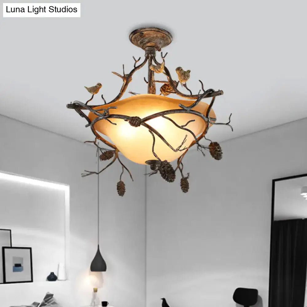 Decorbites™ country bronze 3-light bowl semi flush ceiling light with antique bronze finish and amber glass shade
