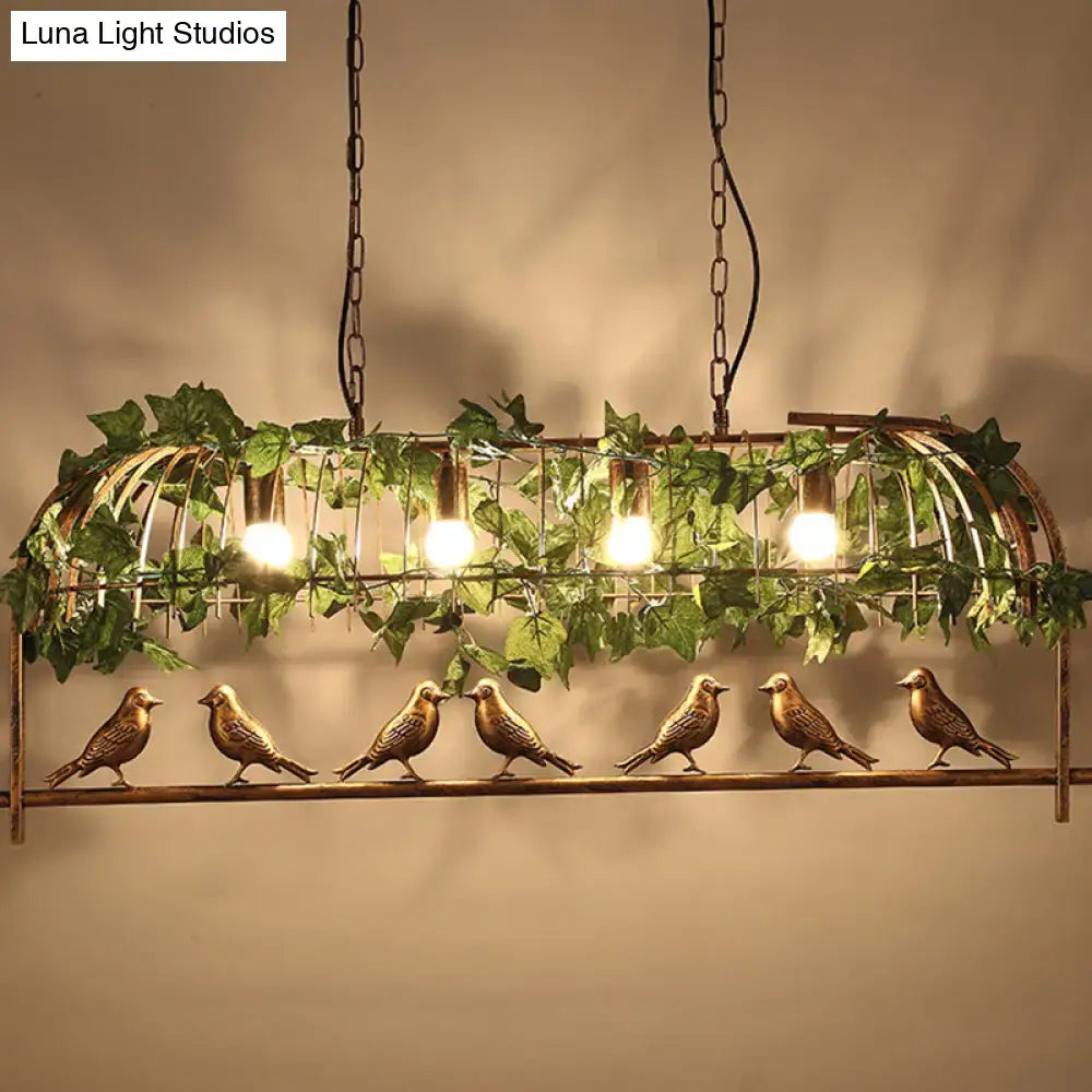Bronze birdcage island light fixture with five detailed birds perched and faux ivy for bar suspension lighting
