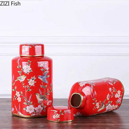Red ceramic tea caddy with gold trim and floral bird motifs for decorbites country ceramic dining room decor