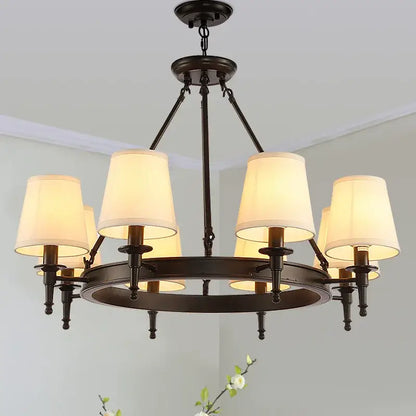 Dark bronze-finished decorbites country fabric chandelier with six cream fabric shades for bedroom lighting