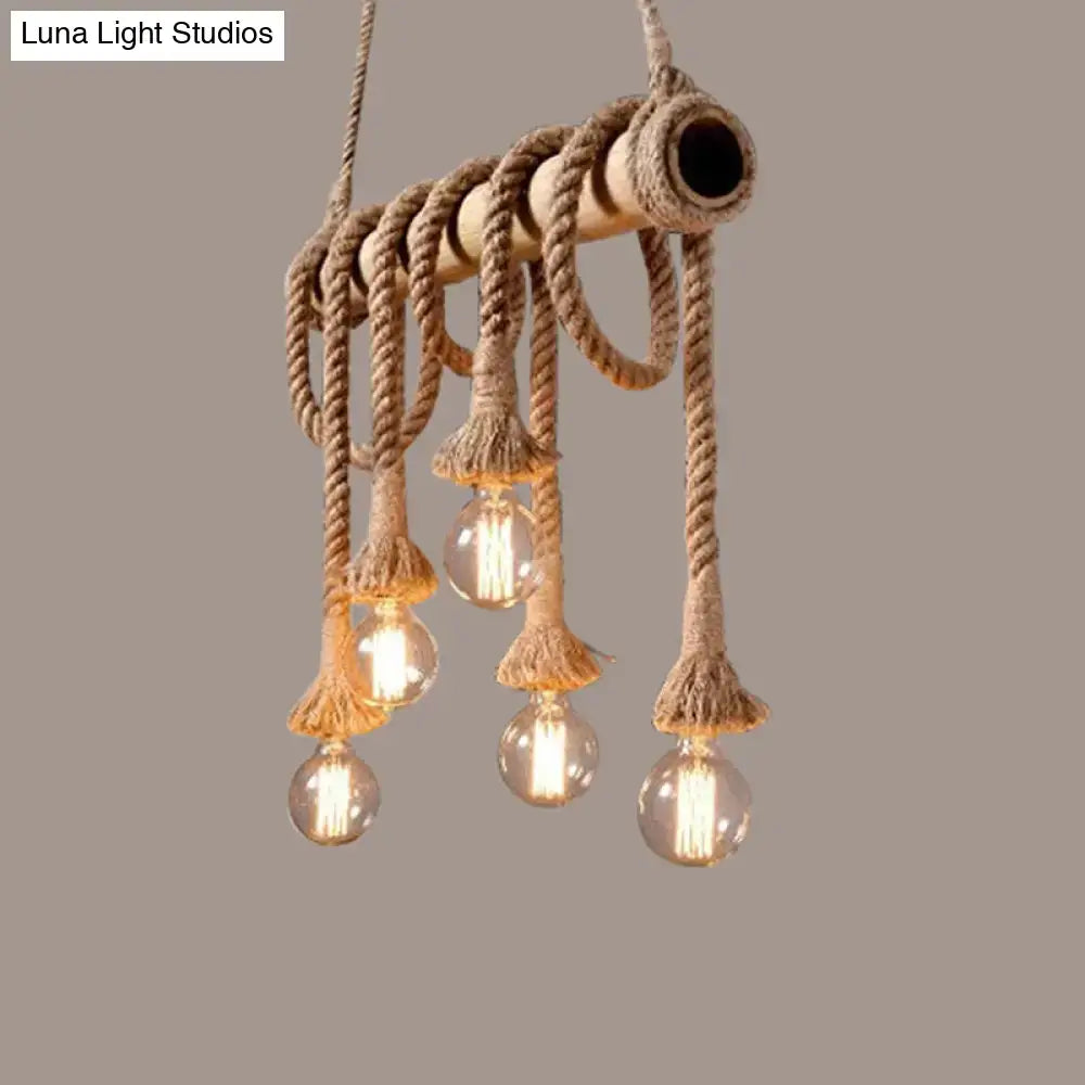 Decorbites country hemp rope pendant lighting with bamboo stick and five exposed filament bulbs in brown finish