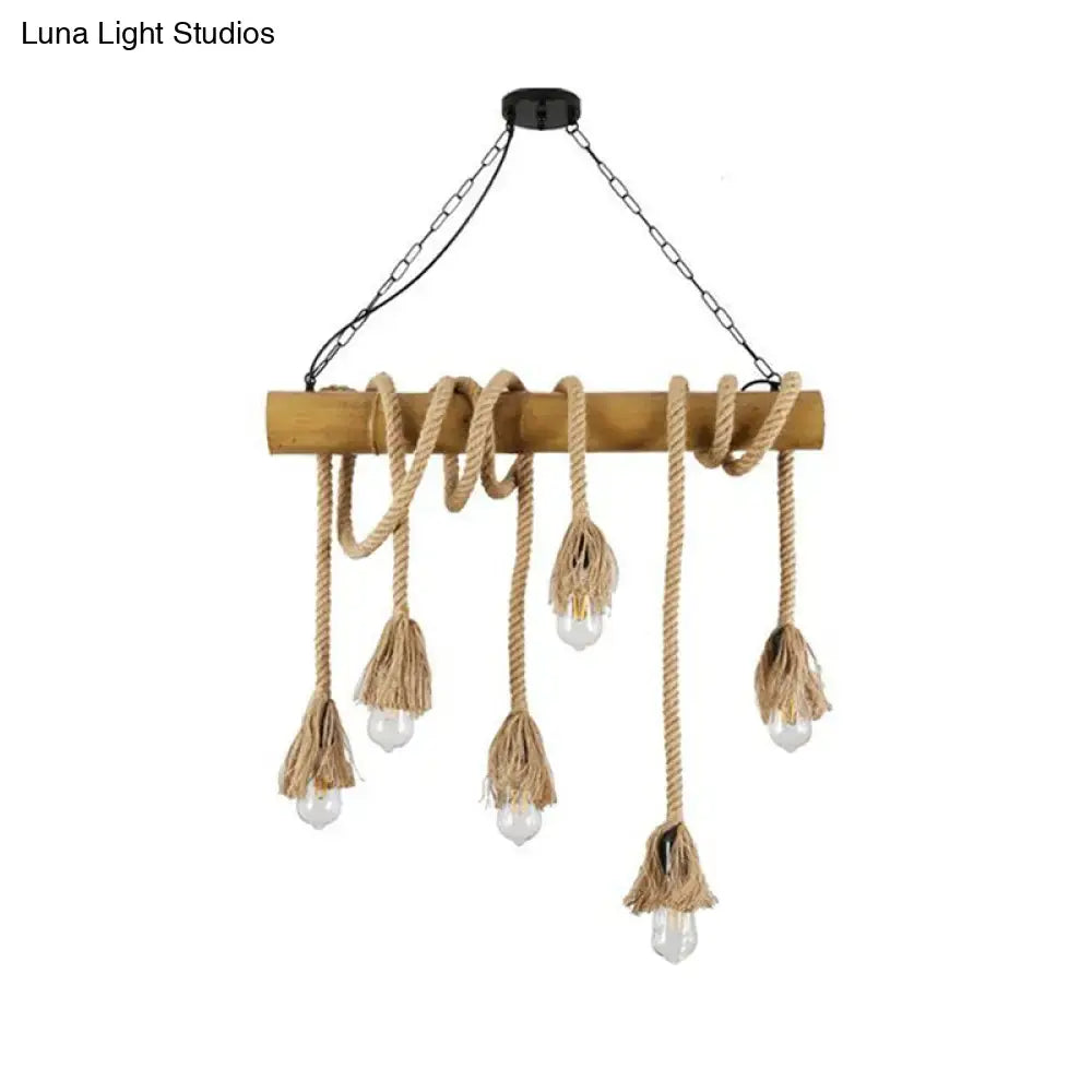Rustic wooden beam chandelier with country hemp rope, tassels, clear glass bulbs, and brown bamboo stick finish lighting