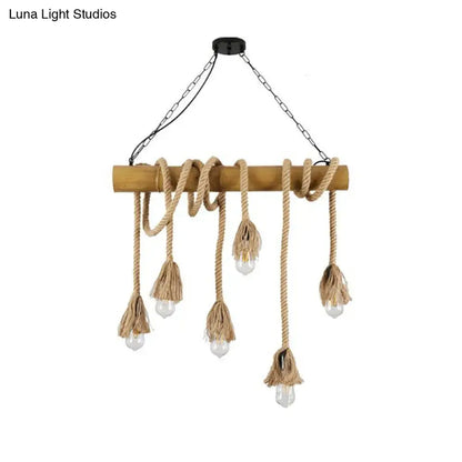 Rustic wooden beam chandelier with country hemp rope, tassels, clear glass bulbs, and brown bamboo stick finish lighting