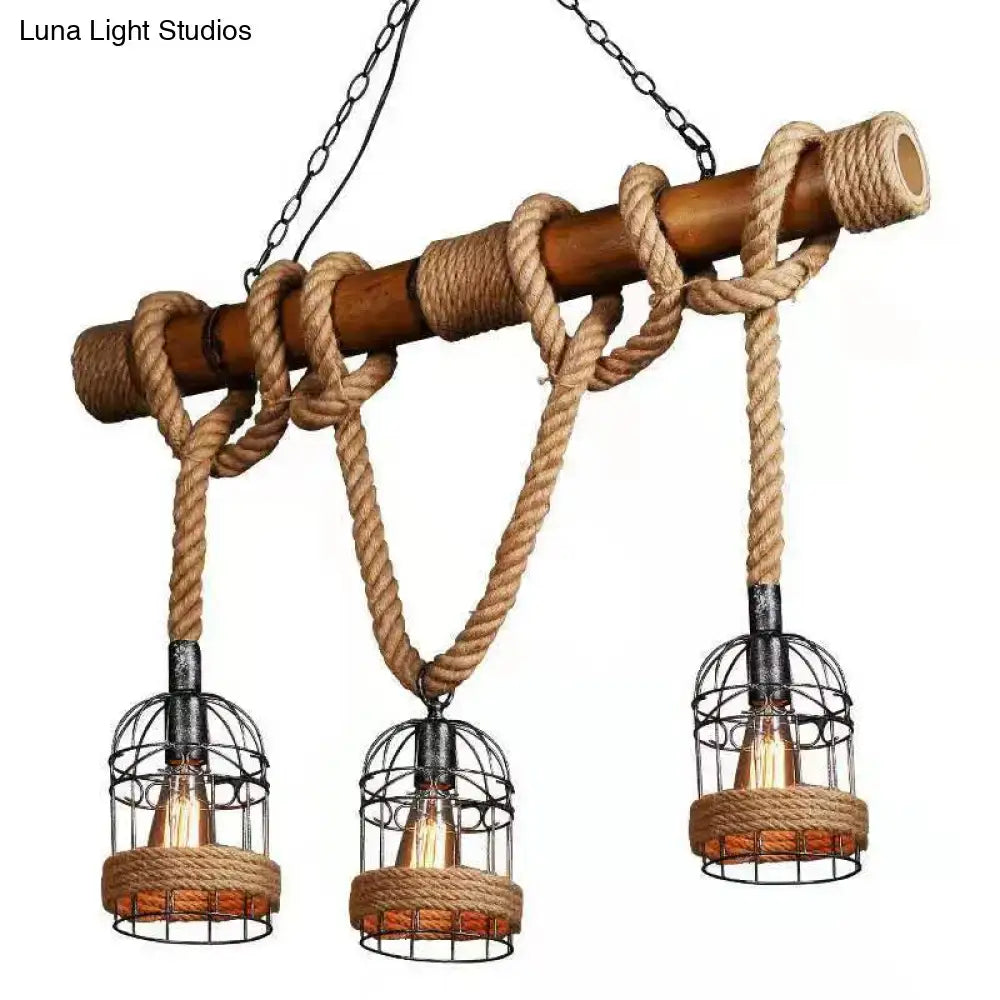 Decorbites™ country style bamboo hanging lamp with three black metal birdcage lights and hemp rope for restaurants