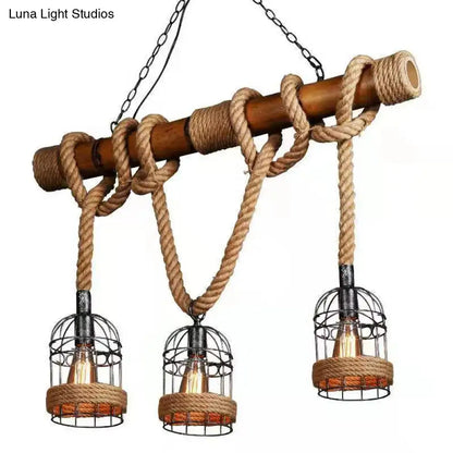 Decorbites™ country style bamboo hanging lamp with three black metal birdcage lights and hemp rope for restaurants