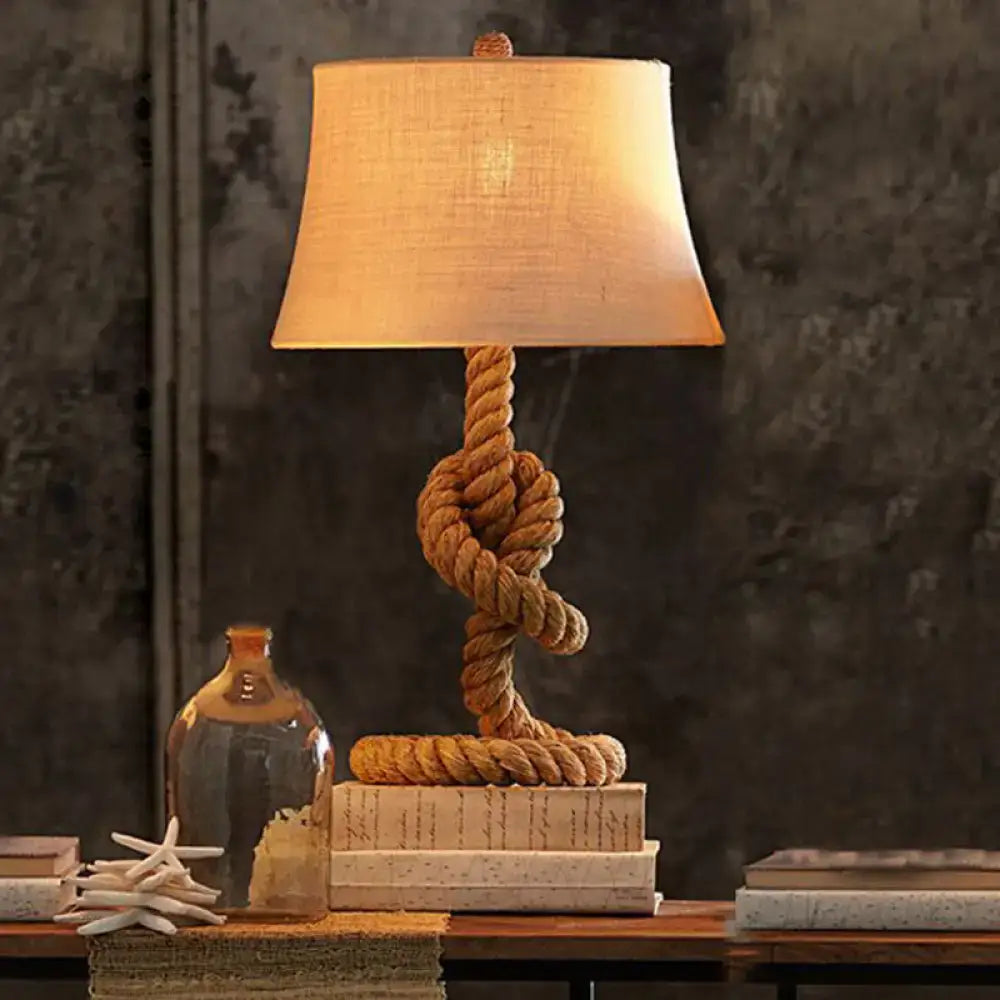 DecorBites™ country style floor lamp with a rope pedestal in flaxen and a beige fabric empire shade light type