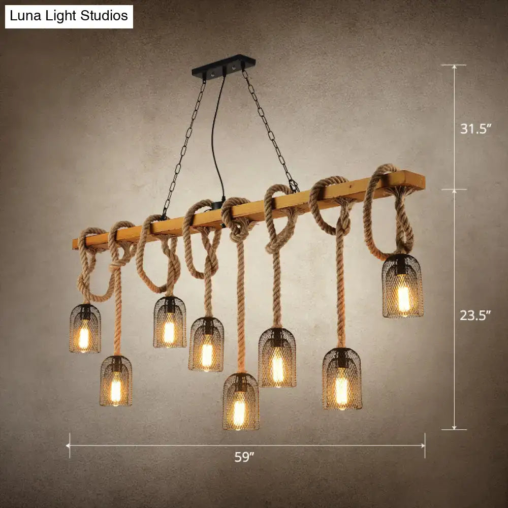 DecorBites™ countryside mesh pendant lamp with wooden beam, beige rope cords, and seven warm glass lanterns in black mesh