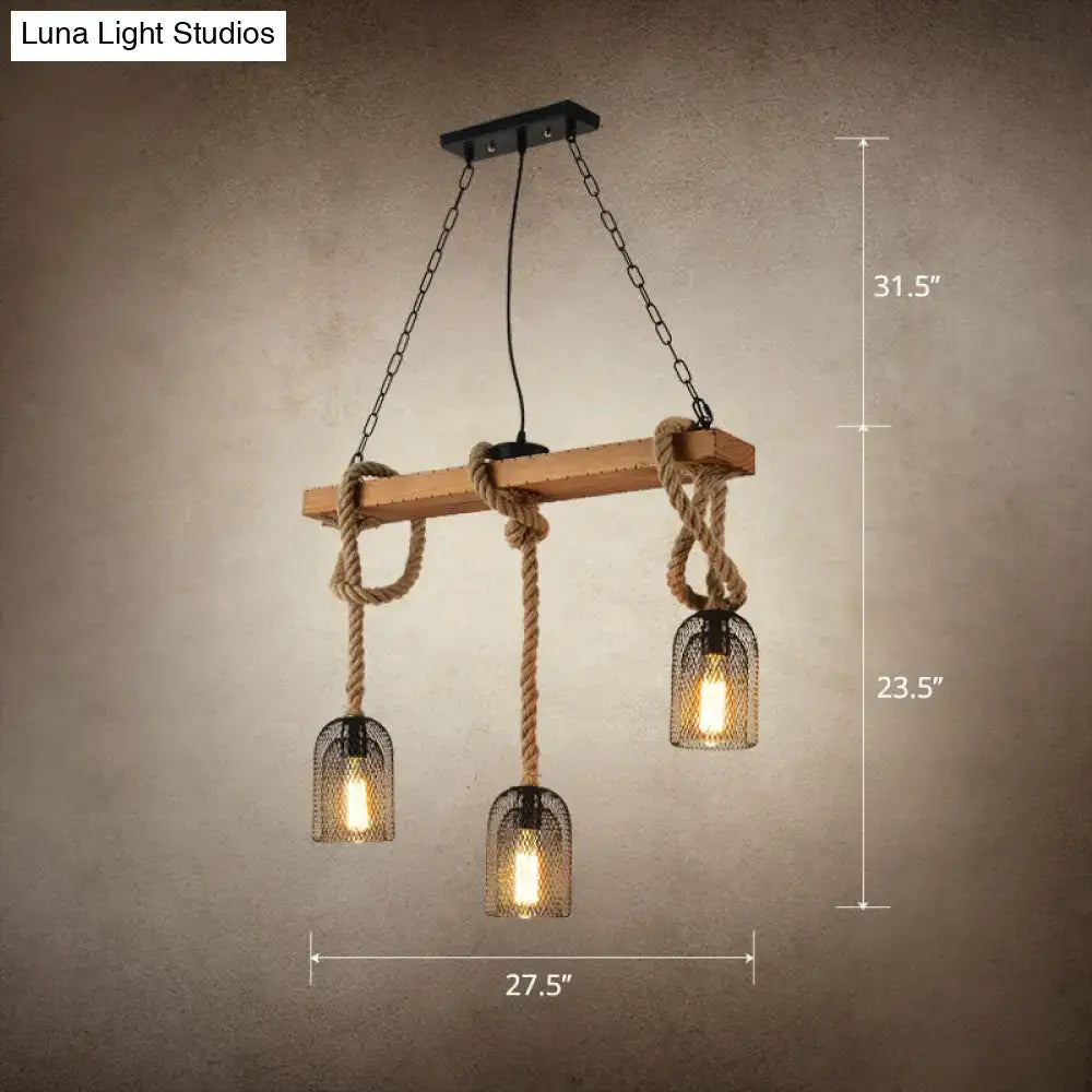 DecorBites™ countryside mesh pendant lamp with rustic wooden beam rope cord and three black mesh cage shades