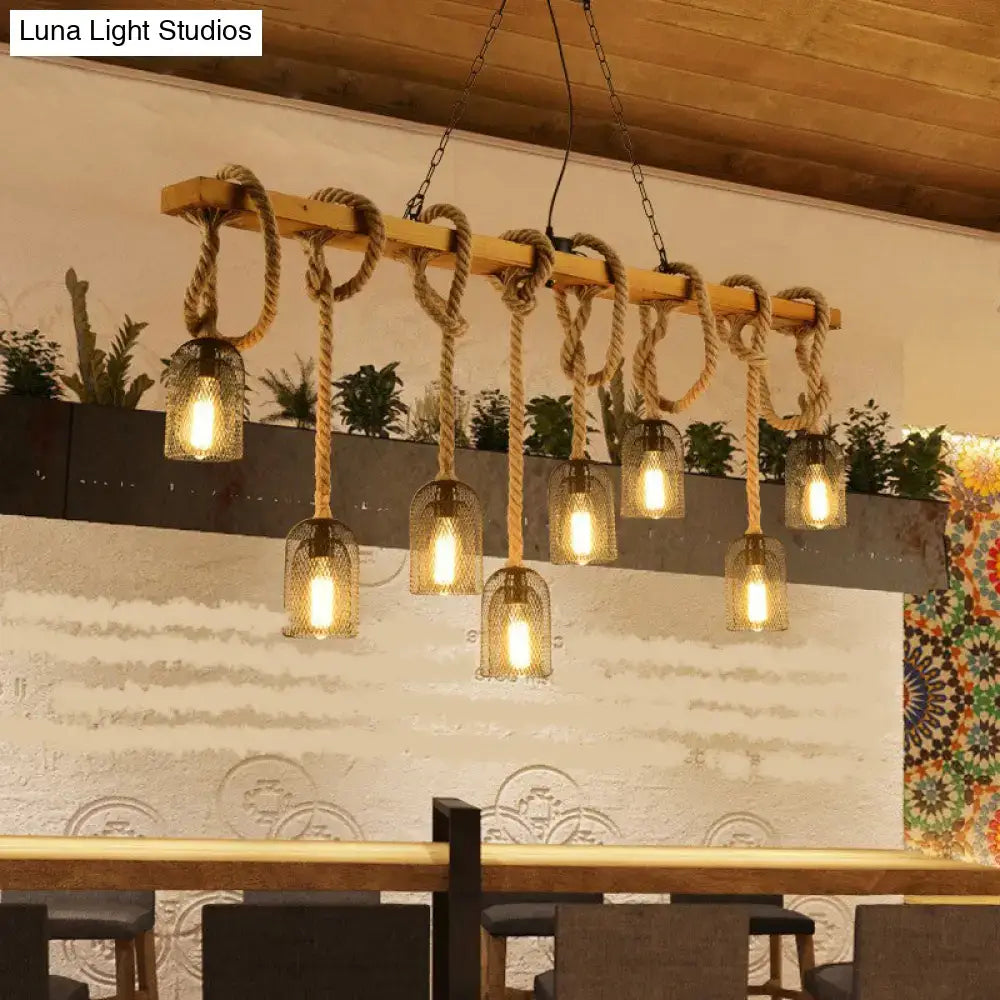 Rustic wooden beam pendant lamp with thick rope suspensions and clear glass lanterns countryside mesh hanging design