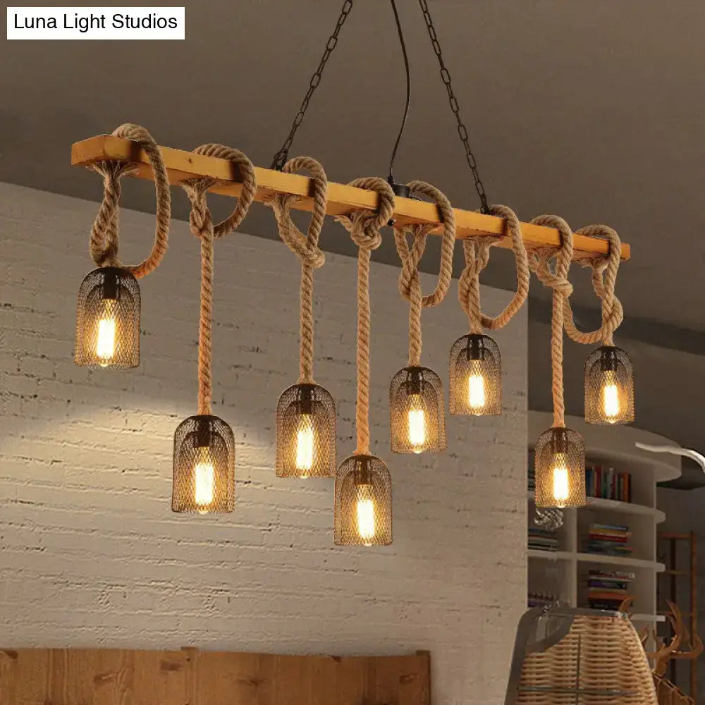 DecorBites™ countryside mesh pendant lamp with rustic wooden beams, thick rope knots, and metal mesh cages holding warm bulbs