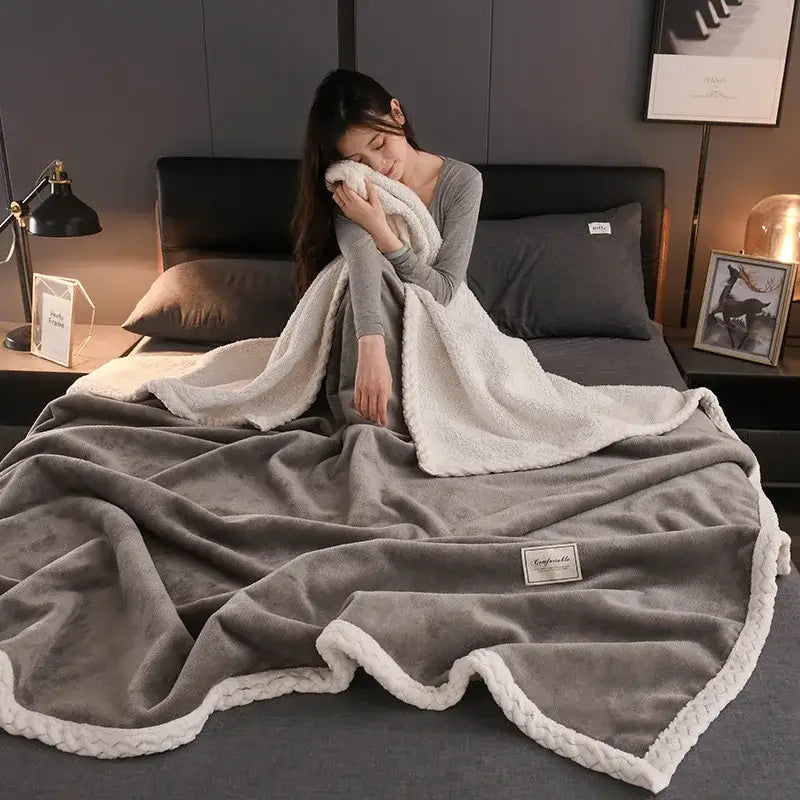 Decorbites cozy autumn gray and white plush blanket with soft textured surface and braided edge for living room throw