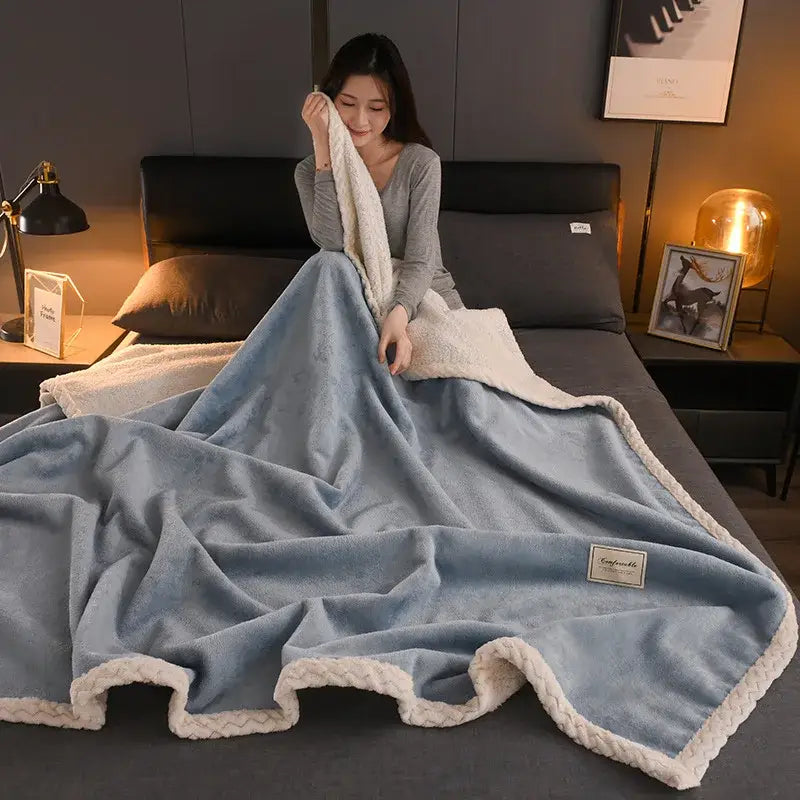 Decorbites cozy autumn soft light blue plush blanket with white fleece border and braided edge living room throw