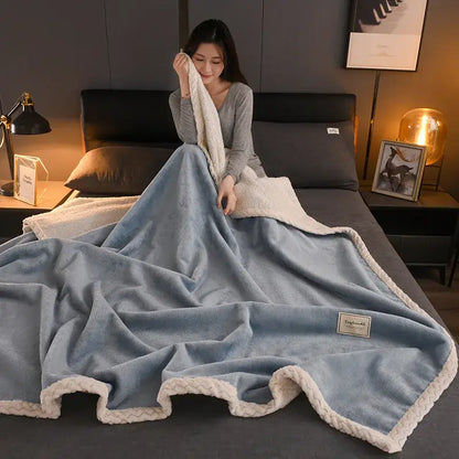 Decorbites cozy autumn soft light blue plush blanket with white fleece border and braided edge living room throw
