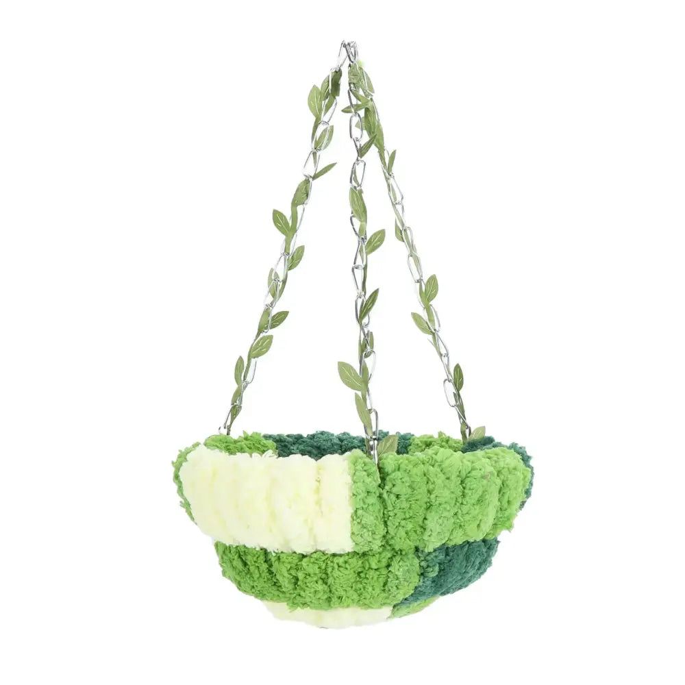 DecorBites cozy coral fleece parrot hammock bed in green with chunky-knit hanging basket and leaf-adorned chains