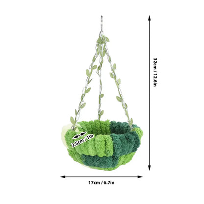 Decorbites cozy coral fleece green parrot hammock bed with chunky knit and leaf-adorned metal hanging chains
