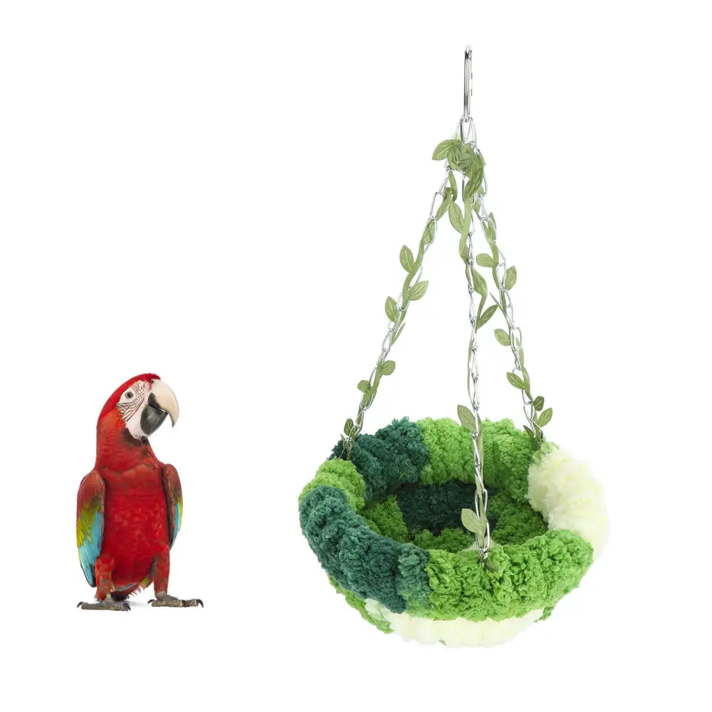 Green and white coral fleece parrot hammock bed with plush hanging nest and leafy chain straps by decorbites