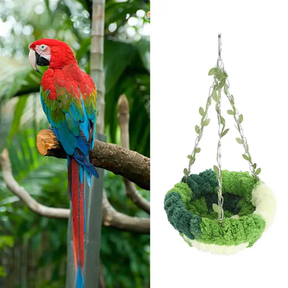 Green and white plush coral fleece parrot hammock bed with leafy chain straps from DecorBites Cozy Coral Fleece collection