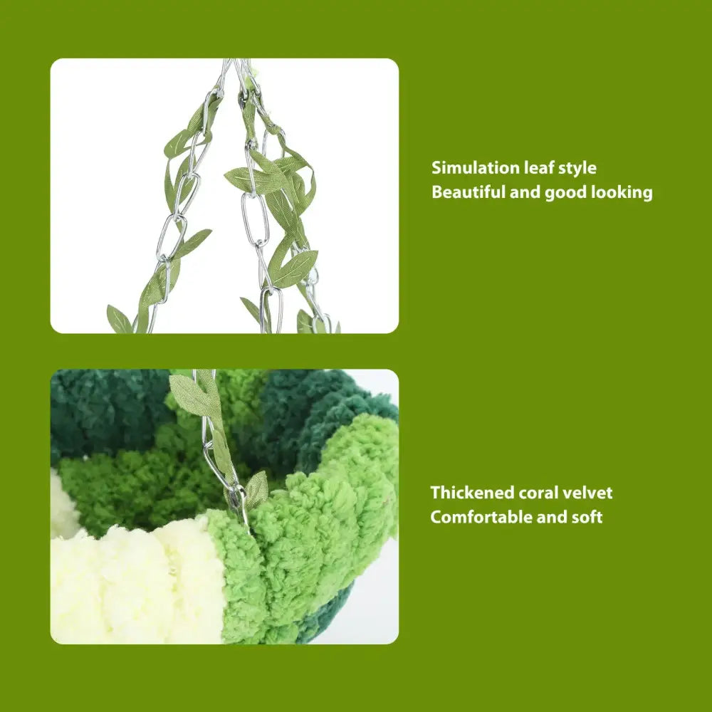 Green and white thickened coral fleece parrot hammock bed with velvet hanging basket and simulation leaf style chains