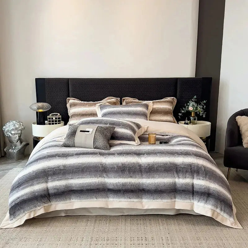 Gray and white striped plush bedding set with soft textured faux fur fabric finish from decorbites cozy faux collection