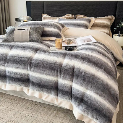 Decorbites cozy faux fur bedding set with plush gray and white striped comforter featuring soft edges and texture