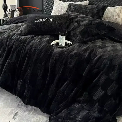 Black plush quilt bedding set with decorbites cozy faux rabbit fur fabric and lanbor logo pillow in black and grey bedroom