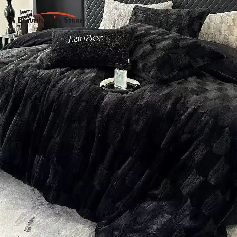 Black plush quilt bedding set with decorbites cozy faux rabbit fur fabric and lanbor logo pillow in black and grey bedroom