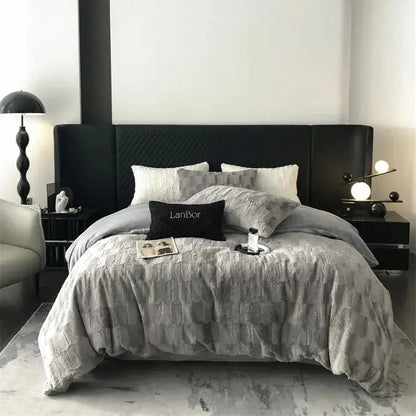 Black quilted headboard with sleek modern design and subtle texture in decorbites cozy faux rabbit fur bedding set bedroom