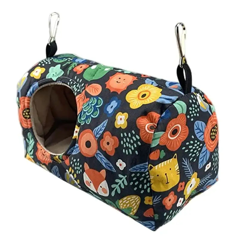 Decorbites cozy hanging hammock for small pets with vibrant floral and animal print on dark fabric warm bird nest design