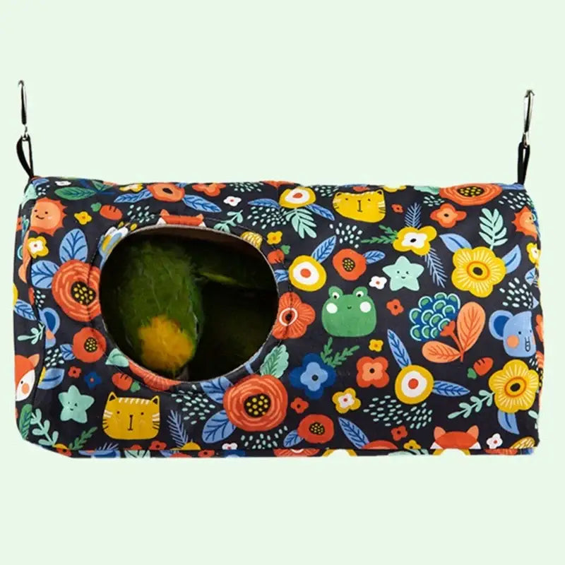 Decorbites cozy hanging hammock in dark blue with colorful floral and animal patterns for warm bird or parrot nest hammock use
