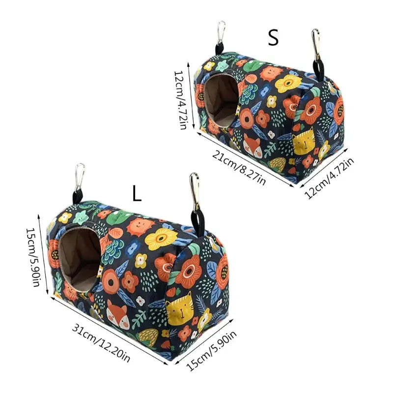Decorbites™ cozy hanging hammock for small pets in dark blue fabric with vibrant floral and cartoon animal pattern ideal as a warm bird or parrot nest hammock